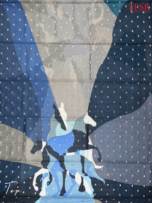 Grey & Blue Chanderi Silk Cotton Dress Material
