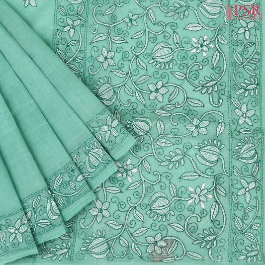 Aqua Pearl Bengal Cotton Saree