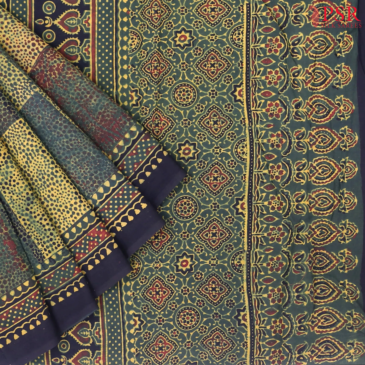 Dark Green & Olive Yellow Jaipur Cotton Printed Saree