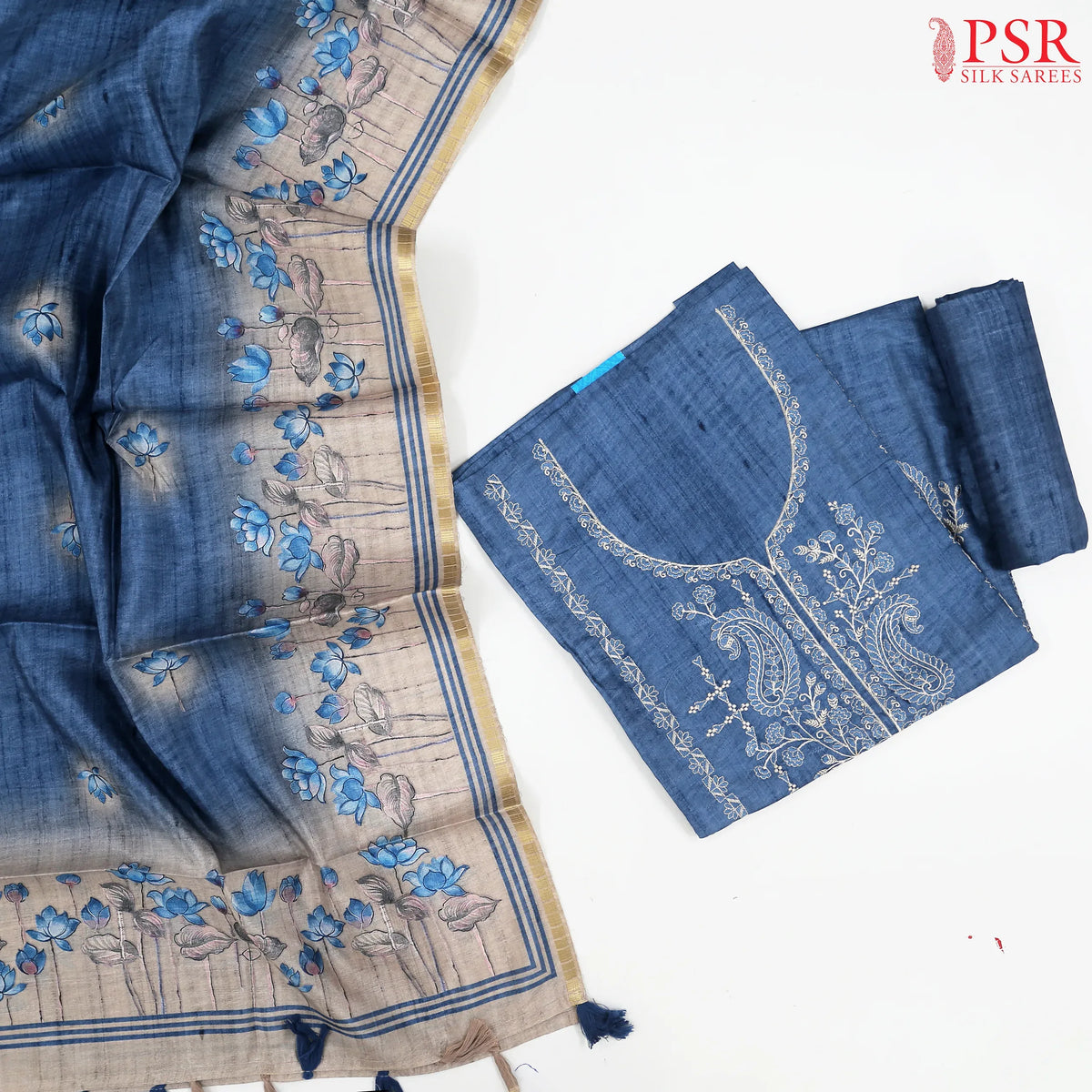 Moroccan Blue Semi Tassar Dress Material