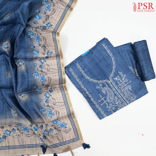 Moroccan Blue Semi Tassar Dress Material