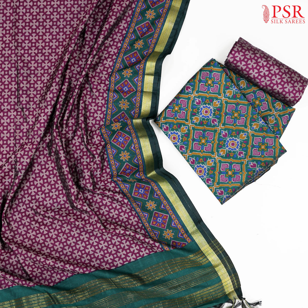Dark Green Soft Patola Silk Cotton Dress Material