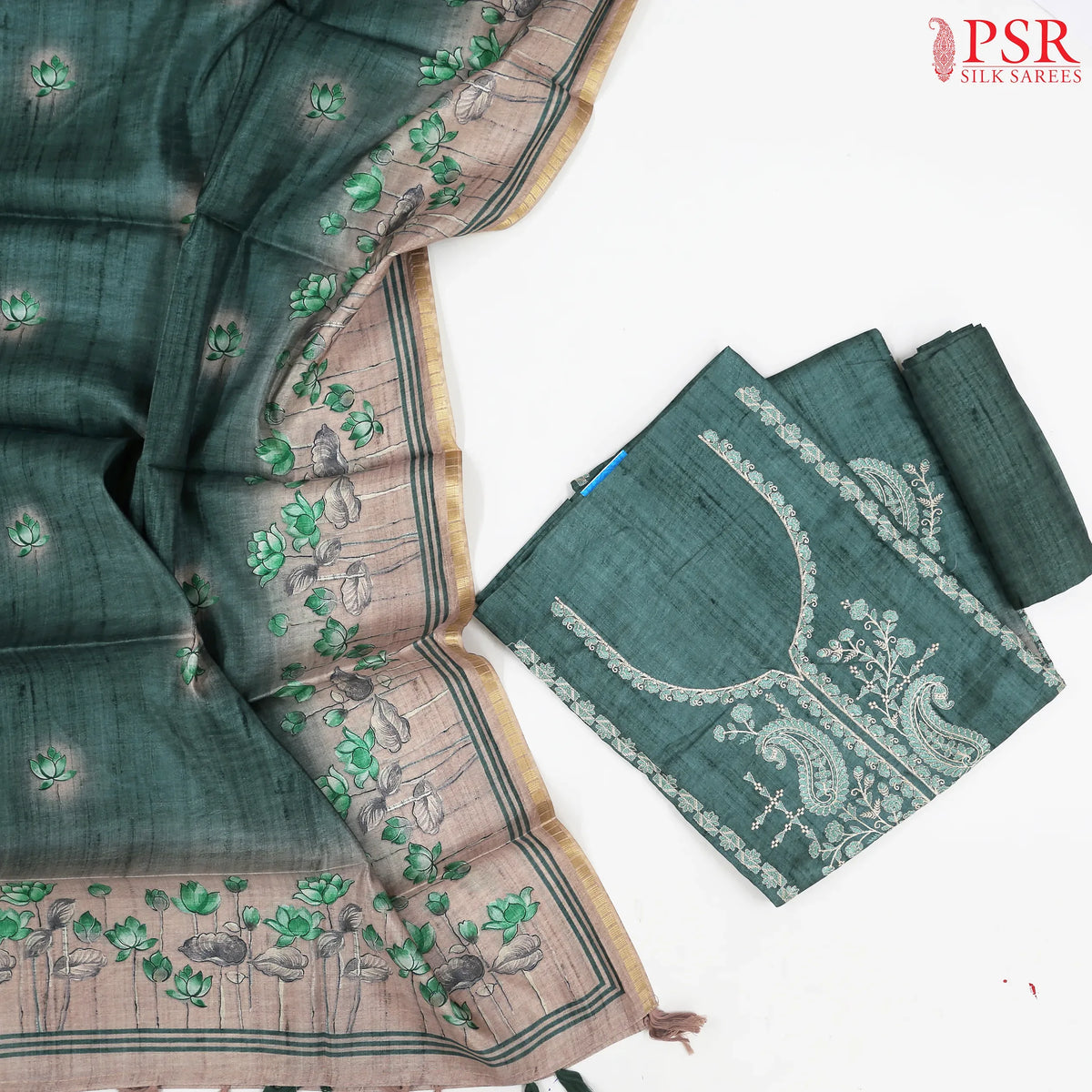 Dark Viridian Semi Tassar Dress Material