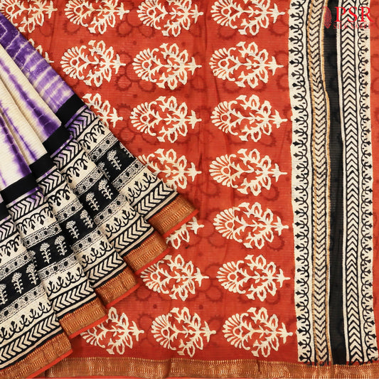 Beige & Violet Silk Cotton Saree