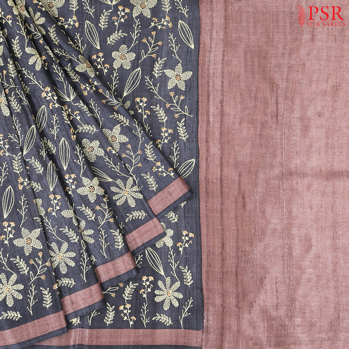 Coal Black Kadhi Tussar Silk Saree