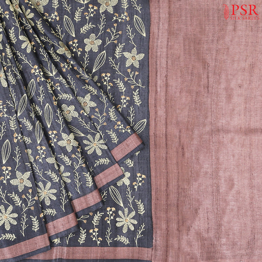 Coal Black Kadhi Tussar Silk Saree