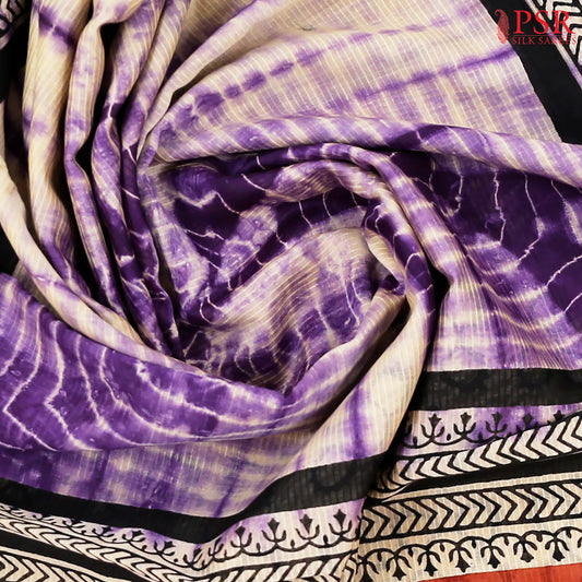 Beige & Violet Silk Cotton Saree