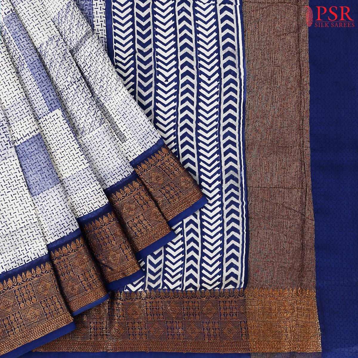 Off White & Blue Chanderi Silk Cotton Saree