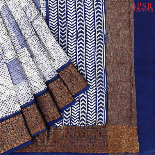 Off White & Blue Chanderi Silk Cotton Saree