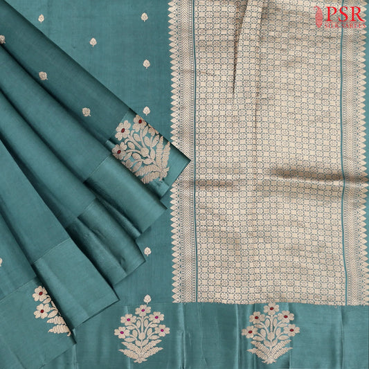 Teal Grey Banaras Silk Saree