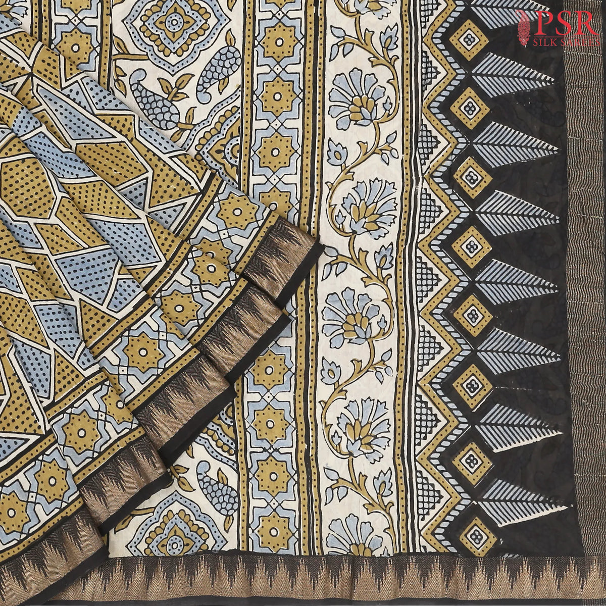 Blue & Mustard Jaipur Cotton Printed Saree