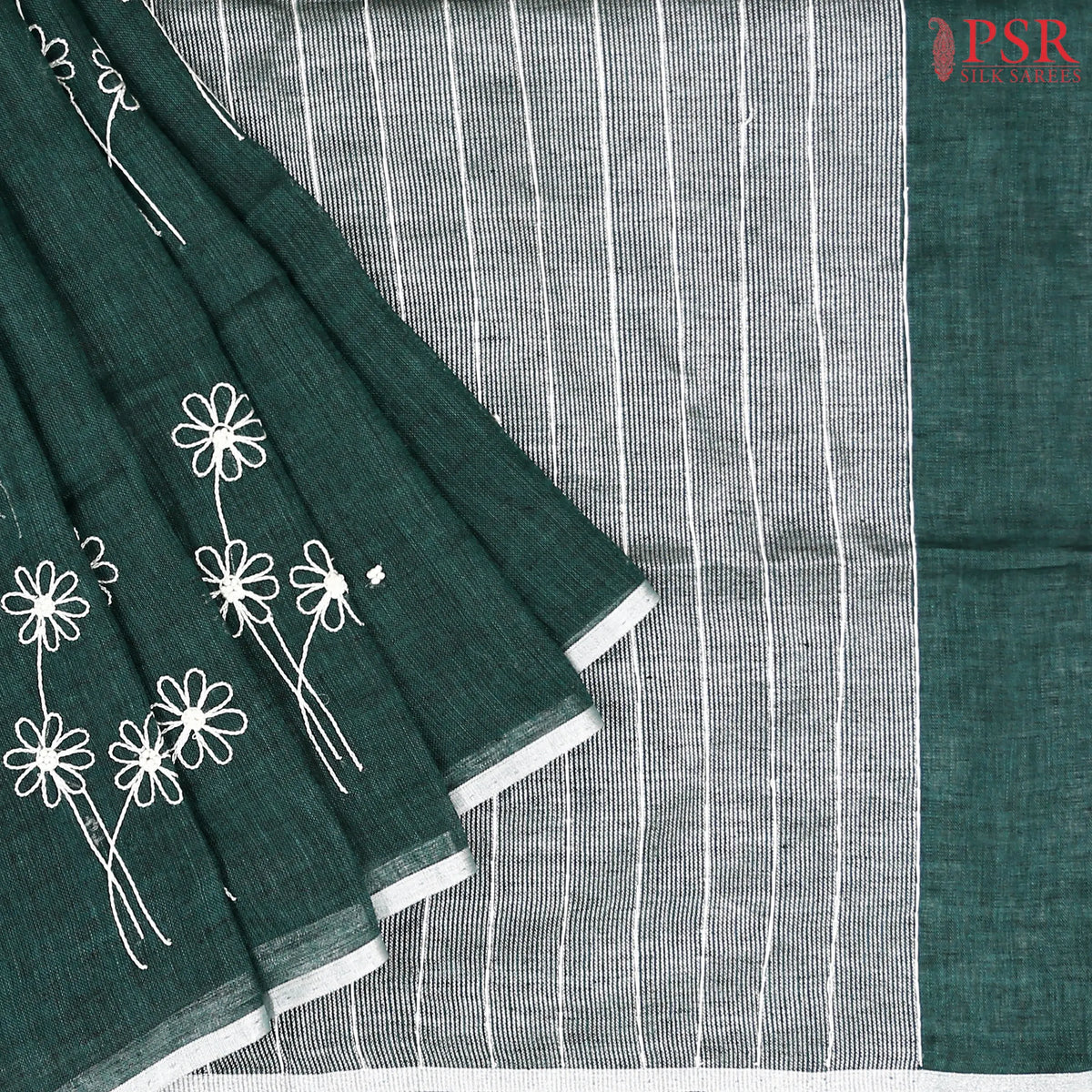 Bottle Green Linen Embroidery Saree