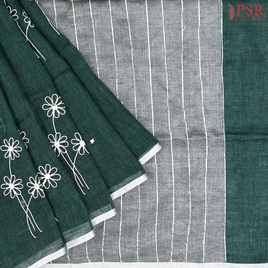 Bottle Green Linen Embroidery Saree