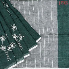 Bottle Green Linen Embroidery Saree