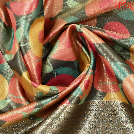 Dark Olive Printed Tissue Art Silk Saree