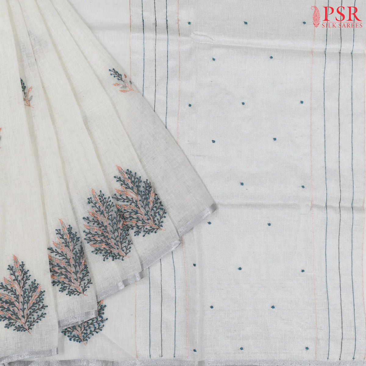 Floral White Linen Embroidery Saree