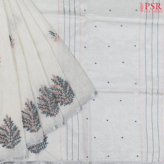 Floral White Linen Embroidery Saree