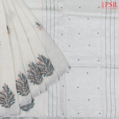 Floral White Linen Embroidery Saree
