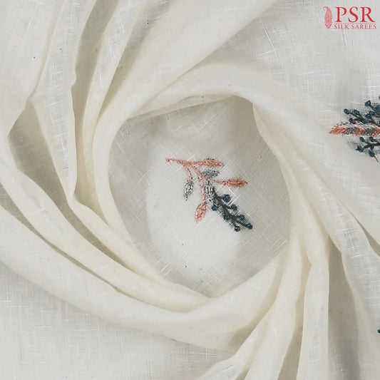 Floral White Linen Embroidery Saree