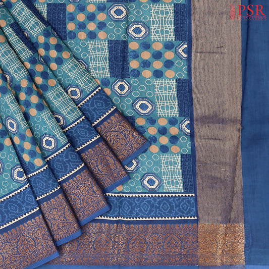 Dark Turquoise Blue Chanderi Silk Cotton Saree