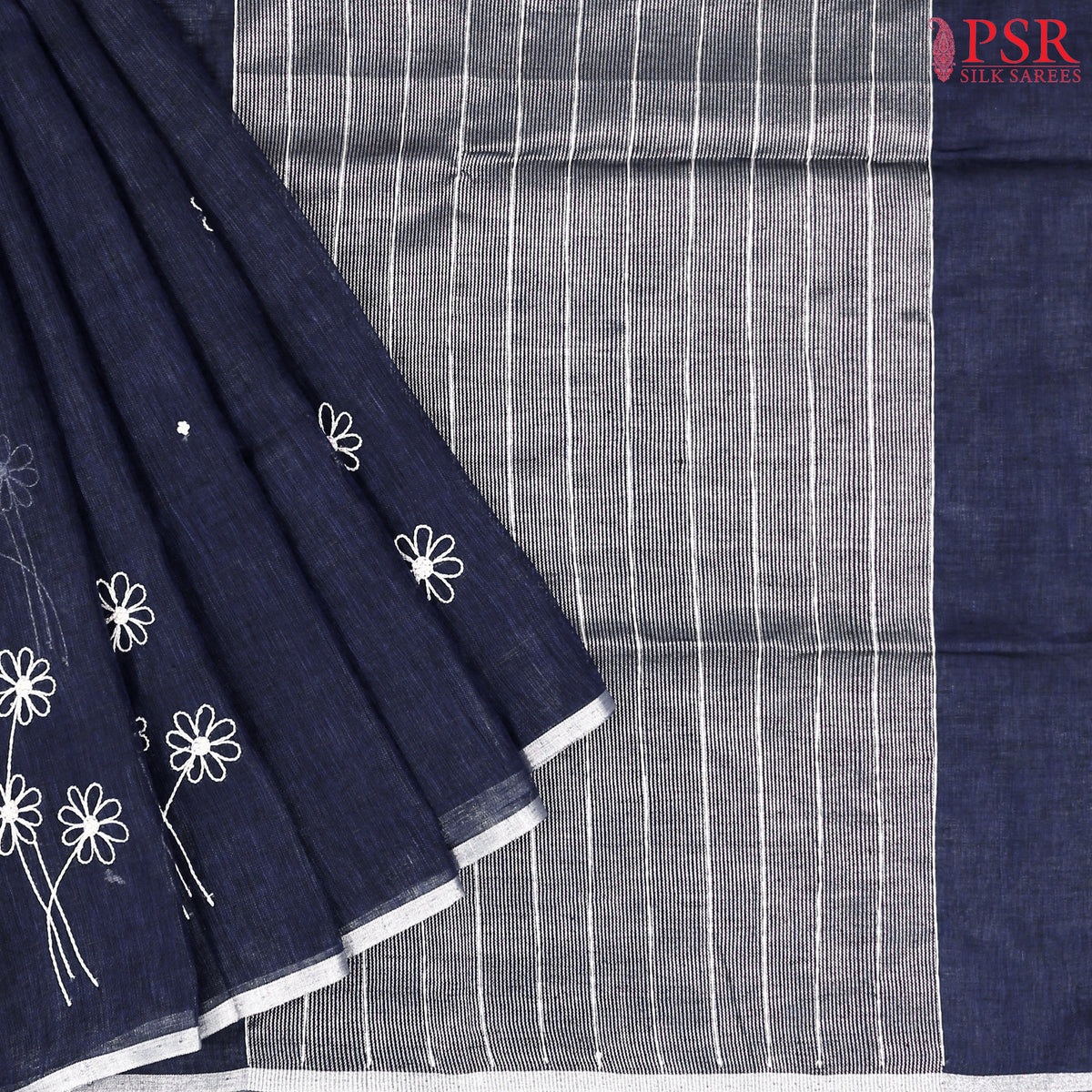 Dark Blue Linen Embroidery Saree