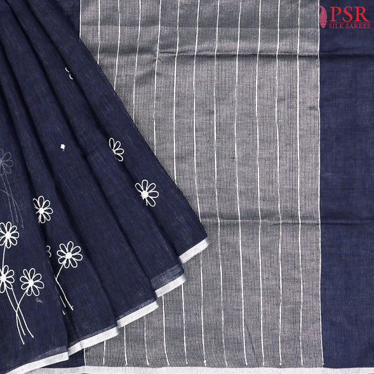 Dark Blue Linen Embroidery Saree