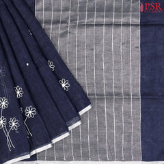 Dark Blue Linen Embroidery Saree