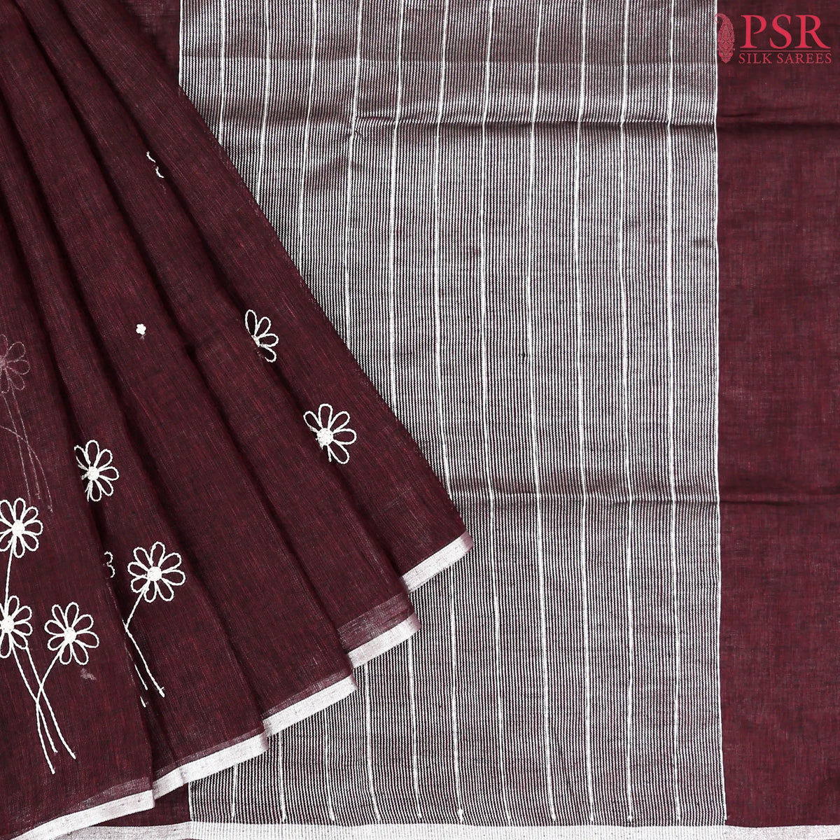 Mahogany Brown Linen Embroidery Saree