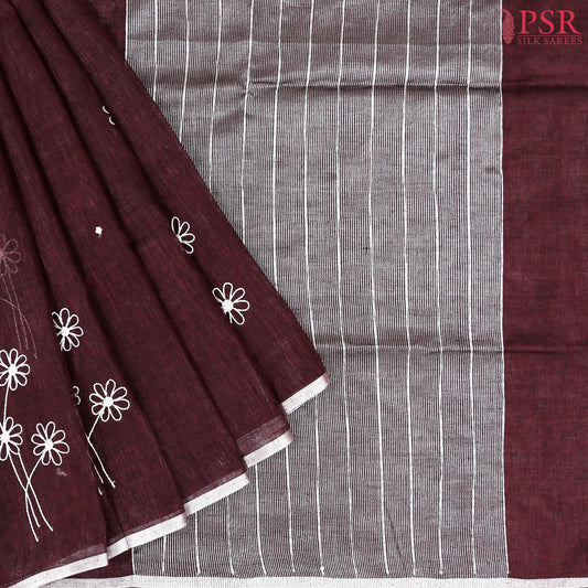 Mahogany Brown Linen Embroidery Saree