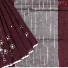 Mahogany Brown Linen Embroidery Saree