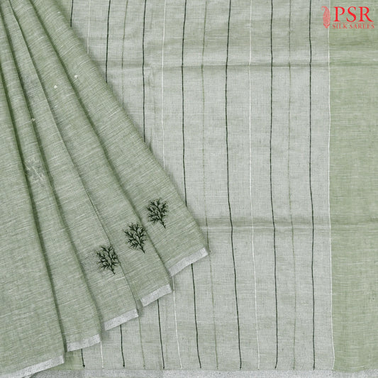 Light Green Linen Embroidery Saree