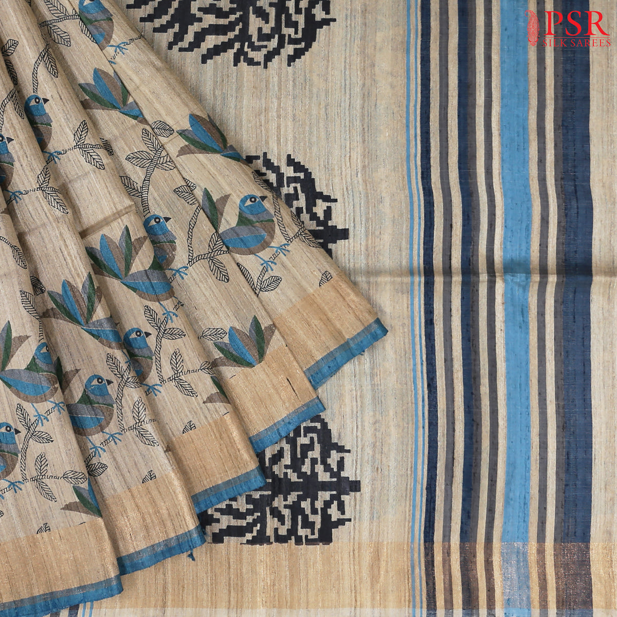 Beige & Blue Ghicha Kadhi Tussar Silk Saree