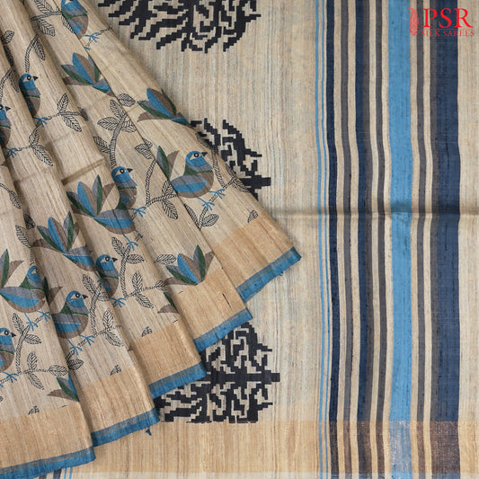 Beige & Blue Ghicha Kadhi Tussar Silk Saree