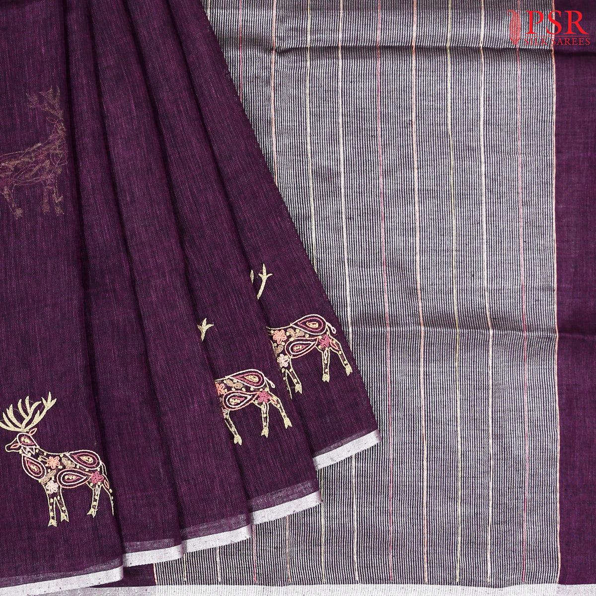 Dark Purple Linen Embroidery Saree