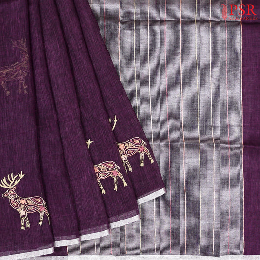 Dark Purple Linen Embroidery Saree