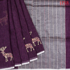 Dark Purple Linen Embroidery Saree