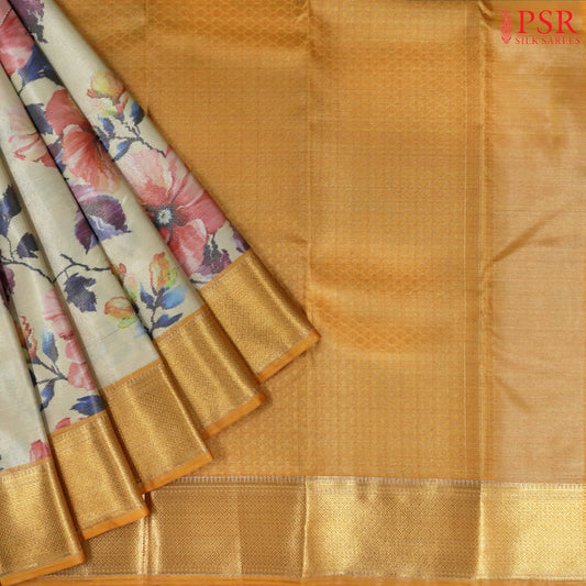 Beige Printed Tissue Art Silk Saree