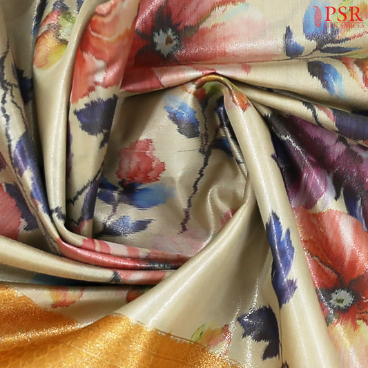 Beige Printed Tissue Art Silk Saree