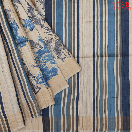 Beige & Blue Kadhi Tussar Silk Saree