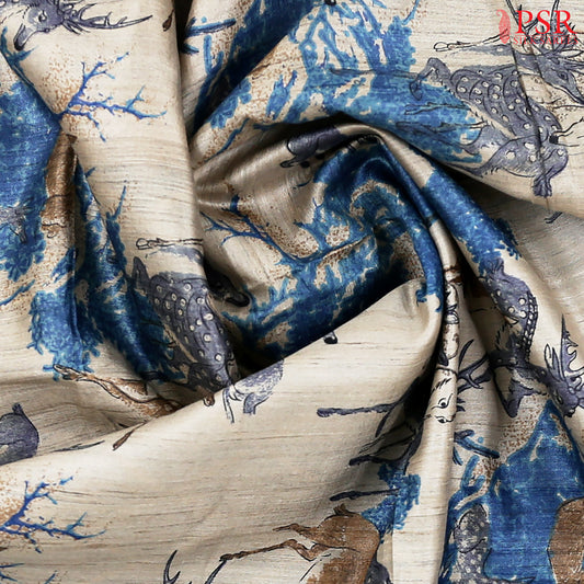 Beige & Blue Kadhi Tussar Silk Saree
