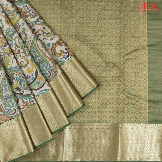 Beige Printed Tissue Art Silk Saree