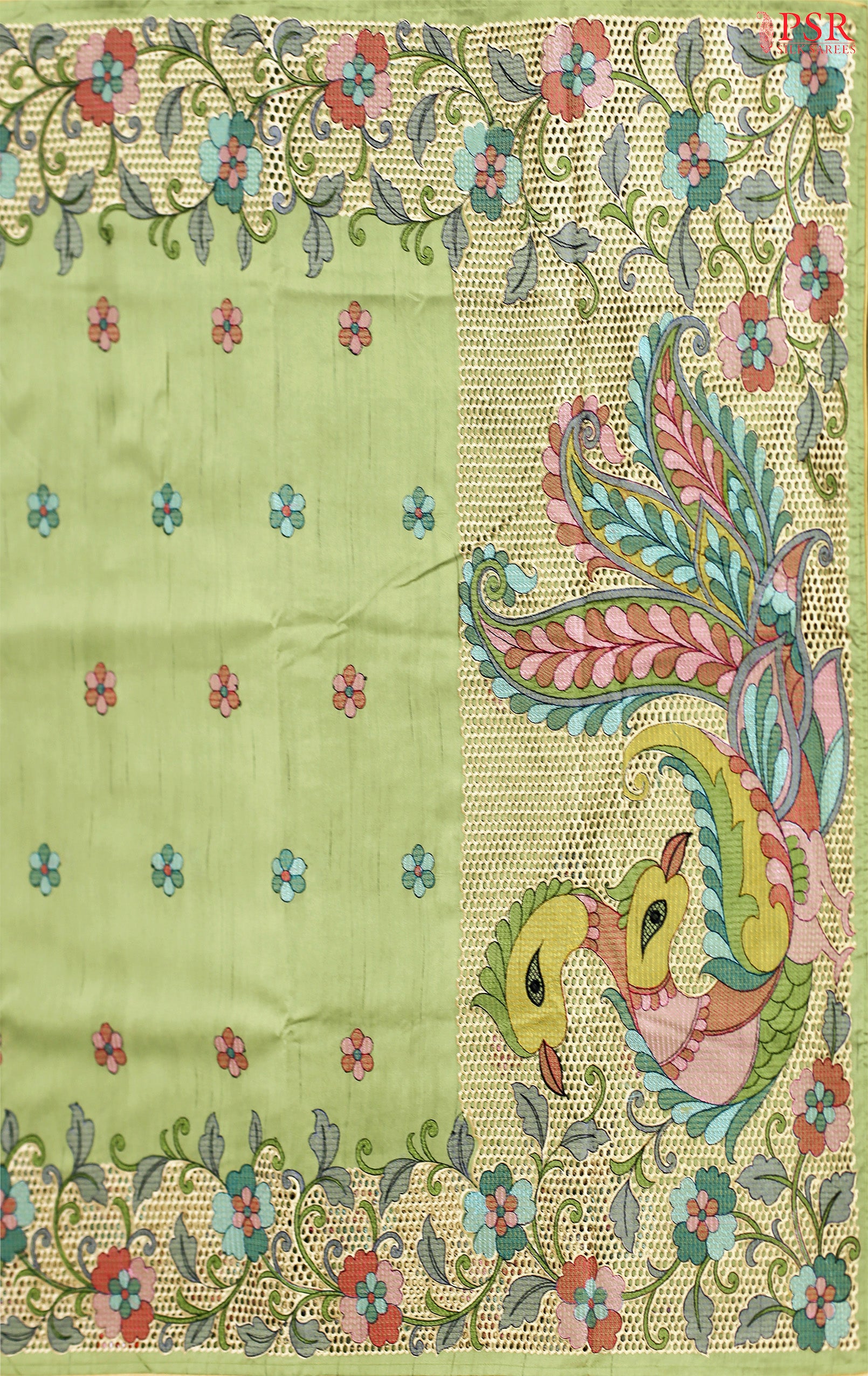 Asparagus Green Dupion Embroidery Saree