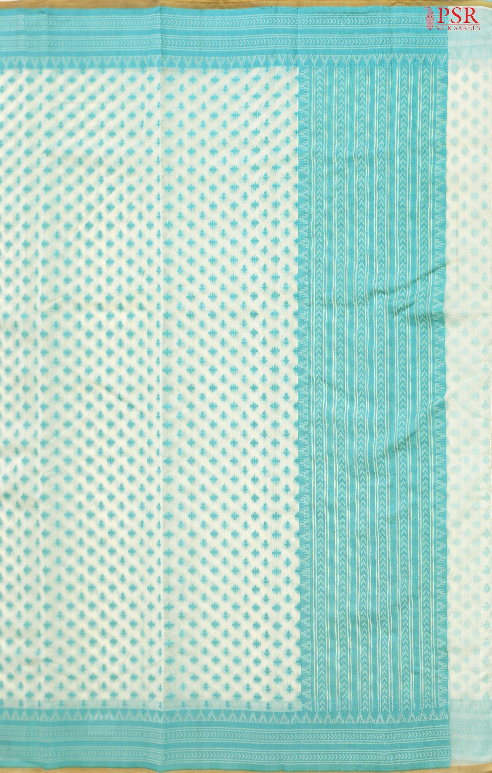 Beige & Fluorescent Blue Silk Cotton Cut Work Saree