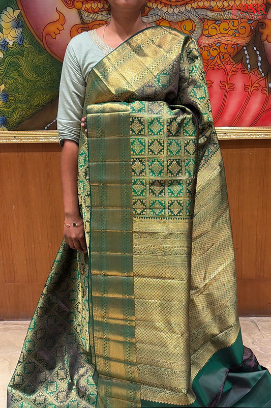Dark & Bottle Green Kanchipuram Jacquard Silk Saree