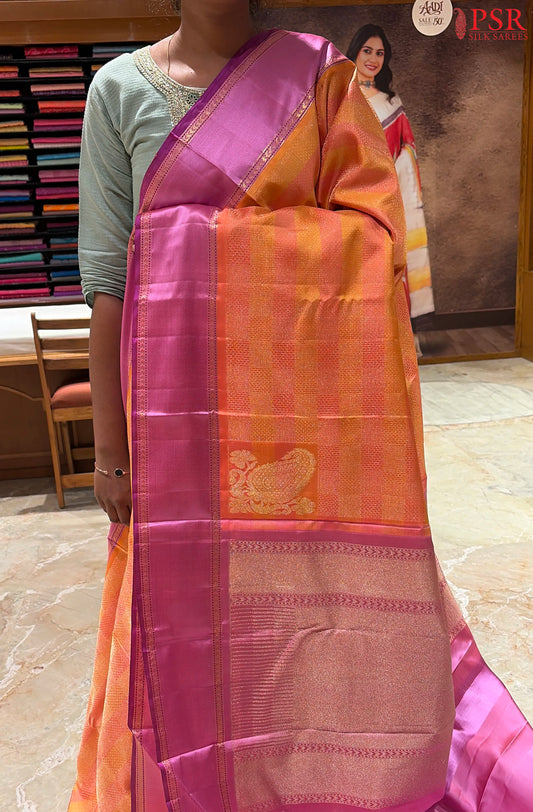 Tangerine Orange & Coral Pink Kanchipuram Silk Saree