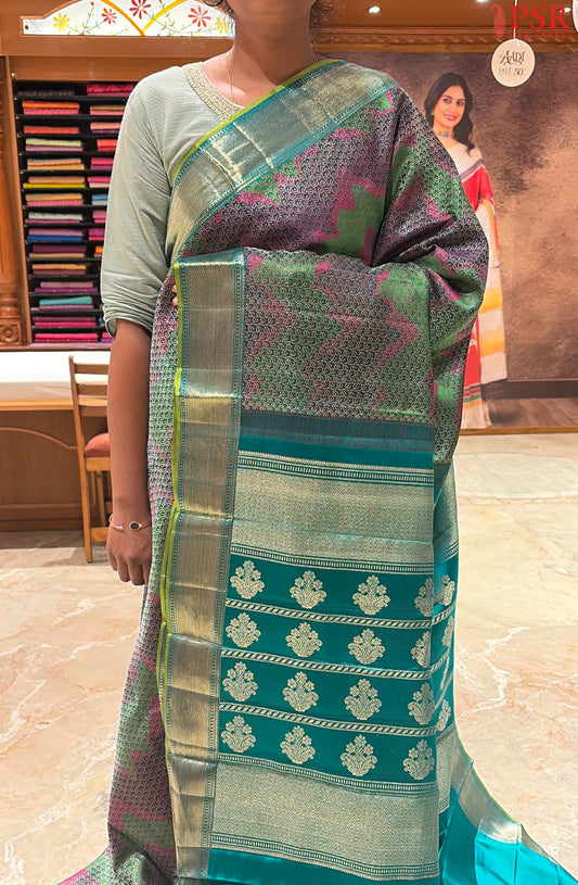 Green & Dark Grey Kanchipuram Jacquard Silk Saree
