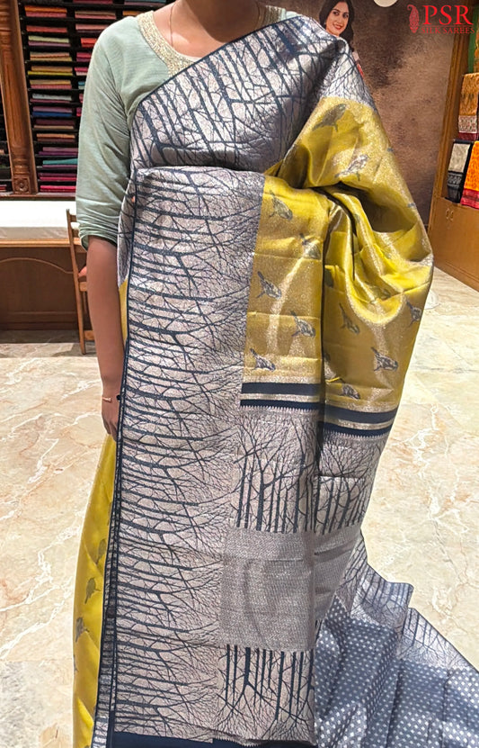 Brass Yellow Kanchipuram Jacquard Tissue Silk Saree