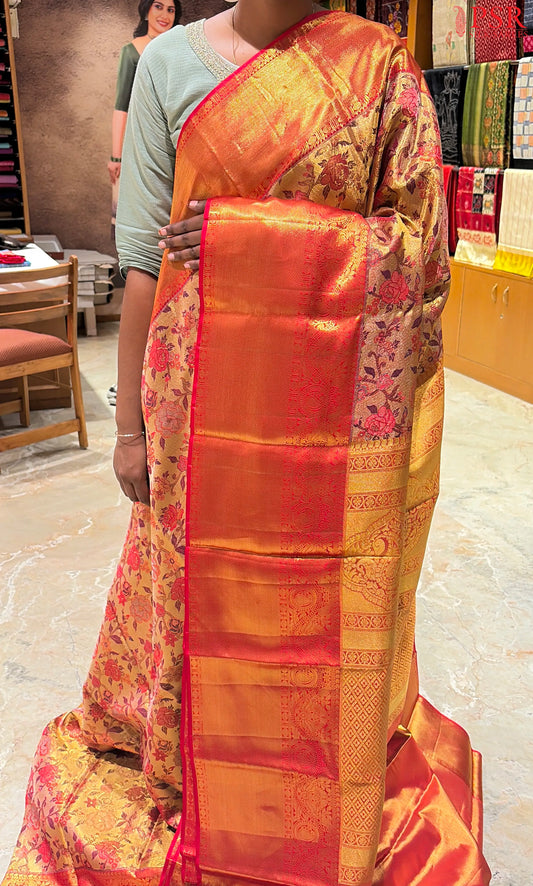 Golden Tan Kanchipuram Jacquard Tissue Silk Saree