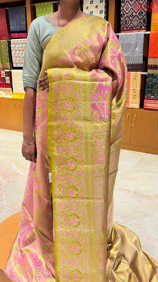 Wild Pink Kanchipuram Jacquard Tissue Silk Saree