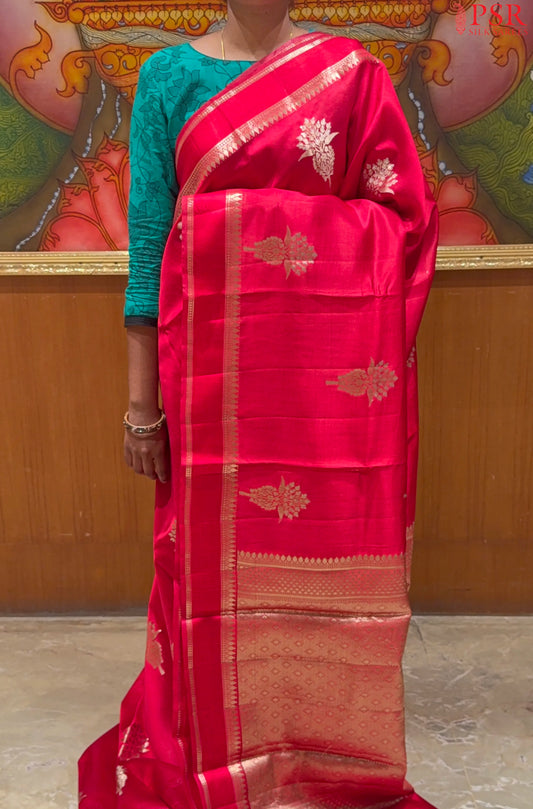 Cherry Red Chiniya Silk Saree
